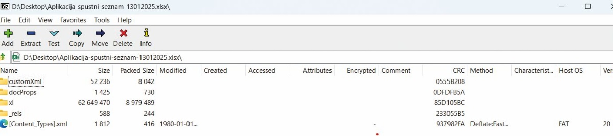 Datoteke XLSX so arhiv, ki ga lahko odpremo.