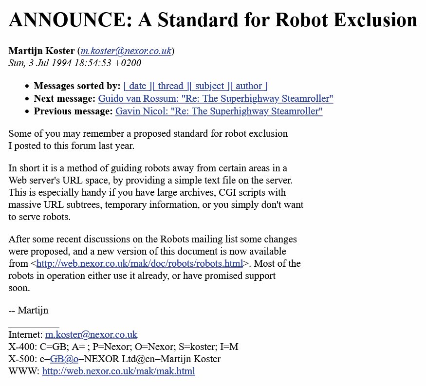 Martijn Koster je leta 1994 takole napovedal robots.txt.