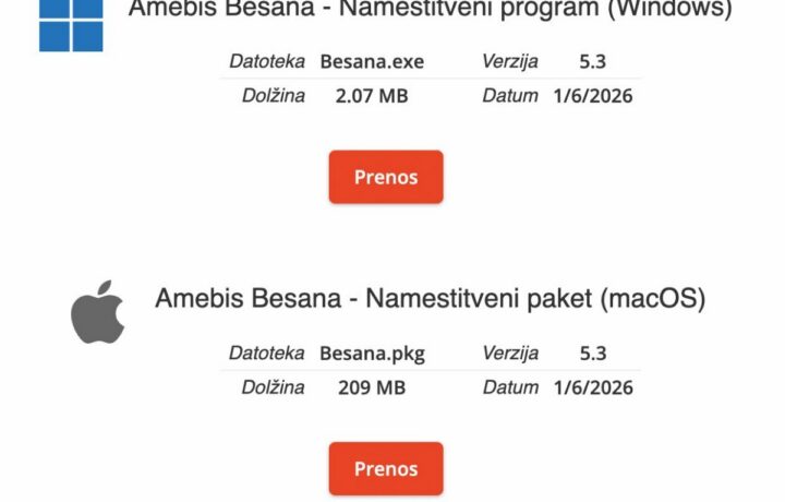 Amebis na svoji spletni strani ponuja prenos Besane za PC in računalnike z logotipom ugriznjenega jabolka.