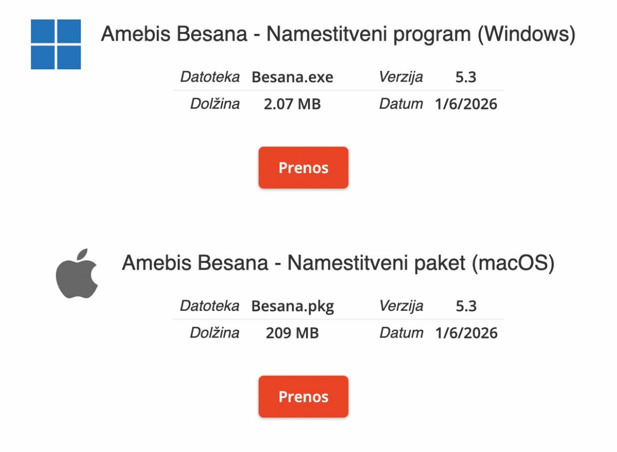 Amebis na svoji spletni strani ponuja prenos Besane za PC in računalnike z logotipom ugriznjenega jabolka.