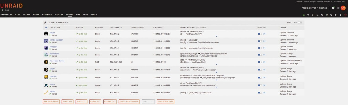 Na omrežnih diskih NAS si lahko omislimo tudi plačljivi operacijski sistem unRAID, ki je namenjen naprednejšemu upravljanju Dockerjevih paketov.