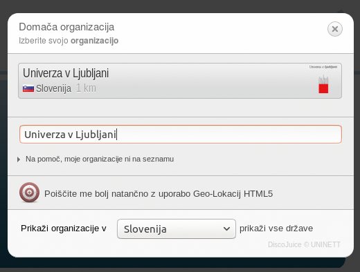 Pri namestitvi odjemalca EduroamCAT moramo izbrati matično organizacijo.