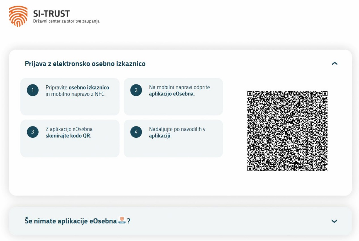 Pri prijavi z elektronsko osebno izkaznico moramo z aplikacijo eOsebna naprej poskenirati kodo QR.