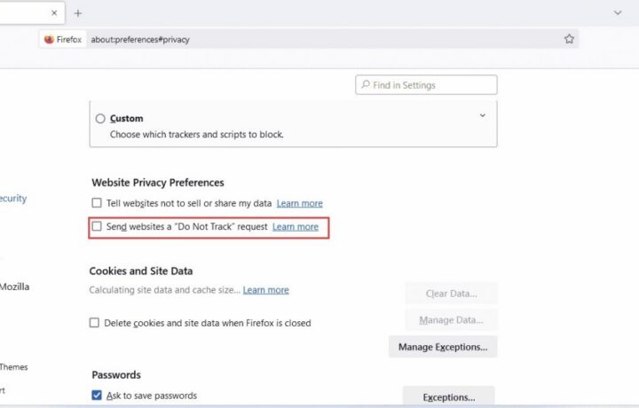 Firefox je do letos podpiral Do Not Track, od leta 2020 pa tudi že Global Privacy Control.