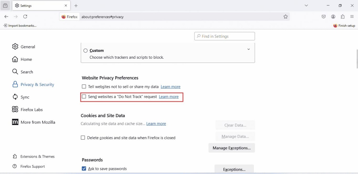 Firefox je do letos podpiral Do Not Track, od leta 2020 pa tudi že Global Privacy Control.
