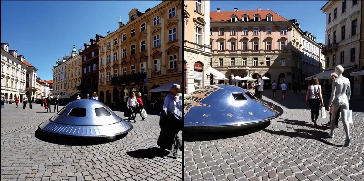 Takole si Sora predstavlja vesoljski krožnik, ki pristane v stari Ljubljani. Ljubljano je narisala samo iz opisa brez slike.