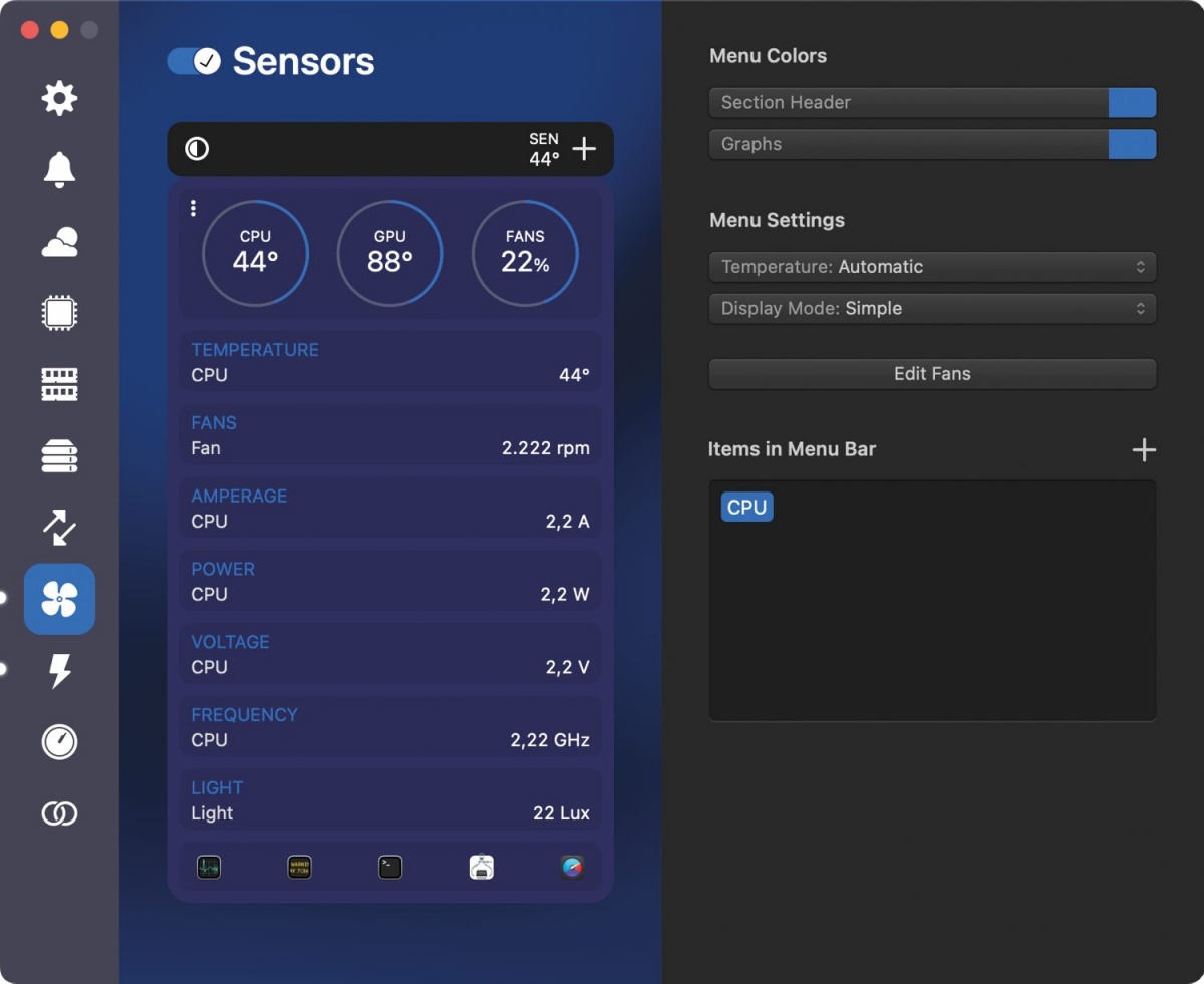 Ročno nastavljanje hitrosti macovih ventilatorjev omogoča aplikacija iStat Menus.