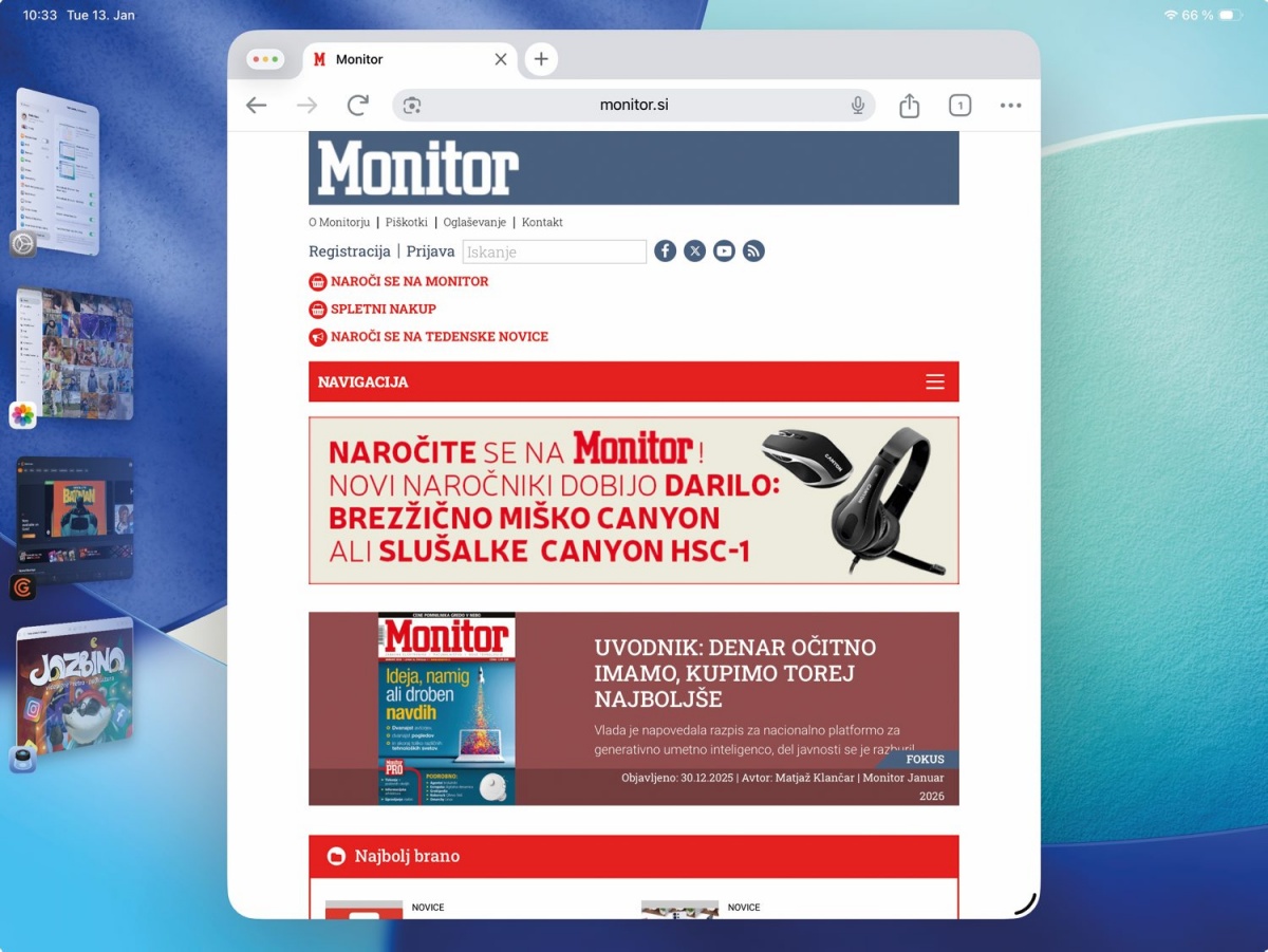 Večopravilnost je na tablici olajšana z okni in načinom »Stage Manager«. Oboje zablesti, ko na ipad priklopimo fizično tipkovnico.