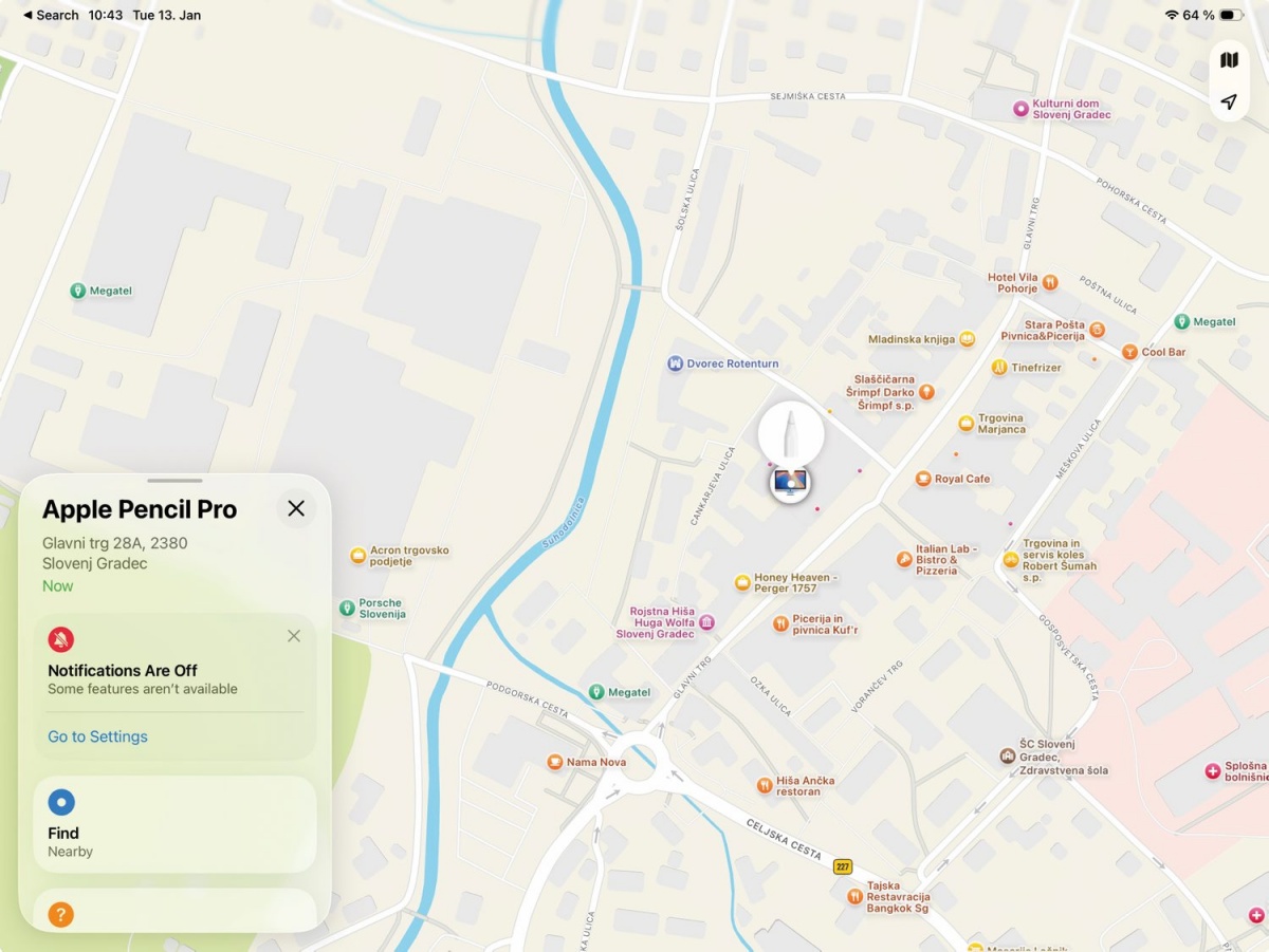 Zaradi svobode svinčnika ga je enostavno izgubiti. Na pomoč priskoči zvest Applov iskalec pobeglih naprav »Find My«.