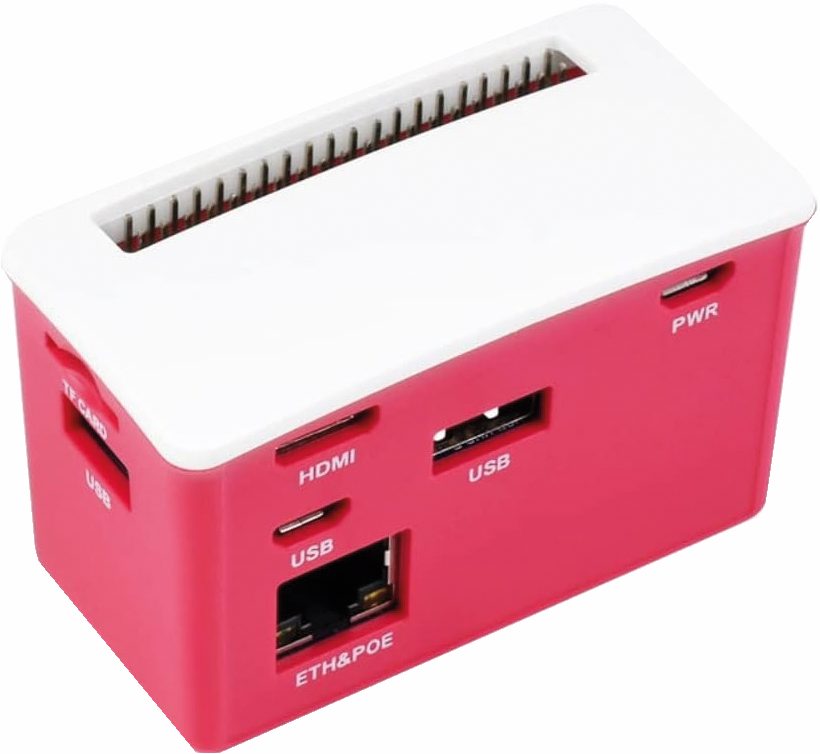 Raspberry Pi Zero 2 W z omrežno kartico, spojnikom USB 2.0 in napajanjem iz etherneta v originalnem ohišju za namizno rabo.