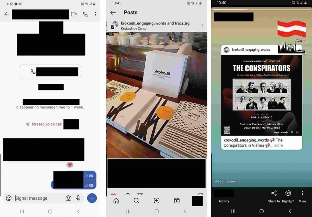 Slike, ki jih z okuženih telefonov zajema srbski NoviSpy. Slika: Amnesty International