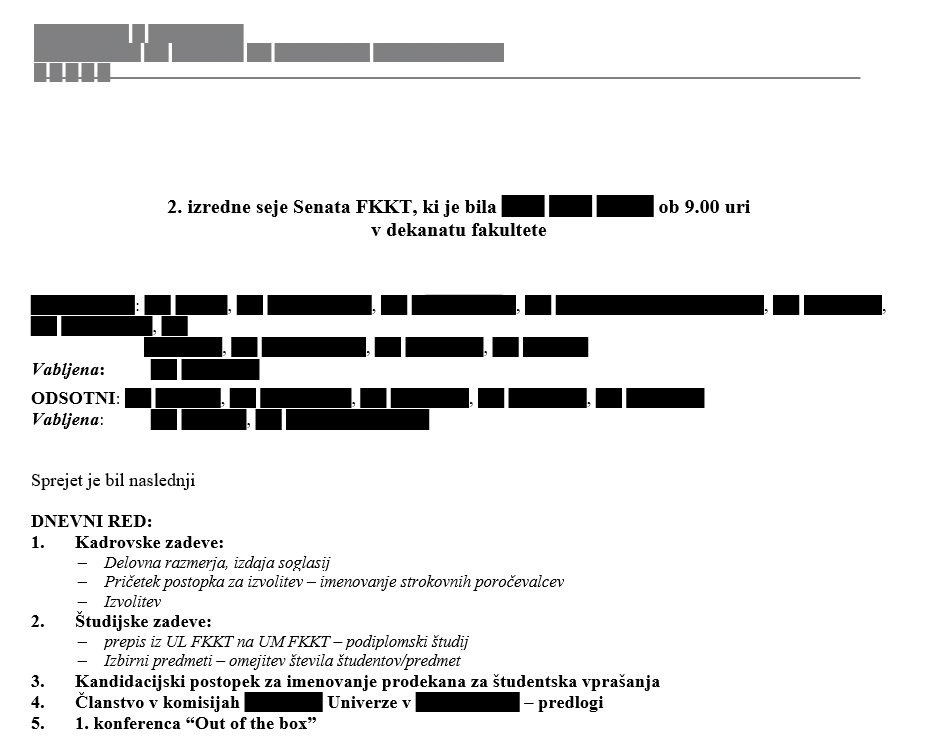 Anonimizacijo lahko izvedemo s počrnitvijo ali z zamenjavo osebnih podatkov.