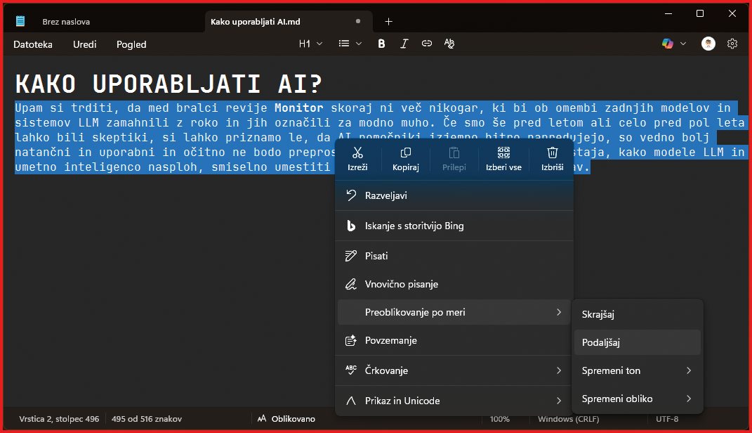V zadnjih različicah sistema Windows je nameščena posodobljena različica urejevalnika Notepad, ki razume oblikovano besedilo v slogu markdowna in vključuje nekatere zmožnosti Microsoft Copilota.