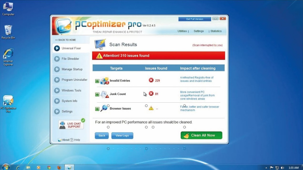 PC Optimizer Pro je nekatere »težave« odpravil brezplačno, medtem ko je za domnevno optimizacijo zahteval nakup licence.