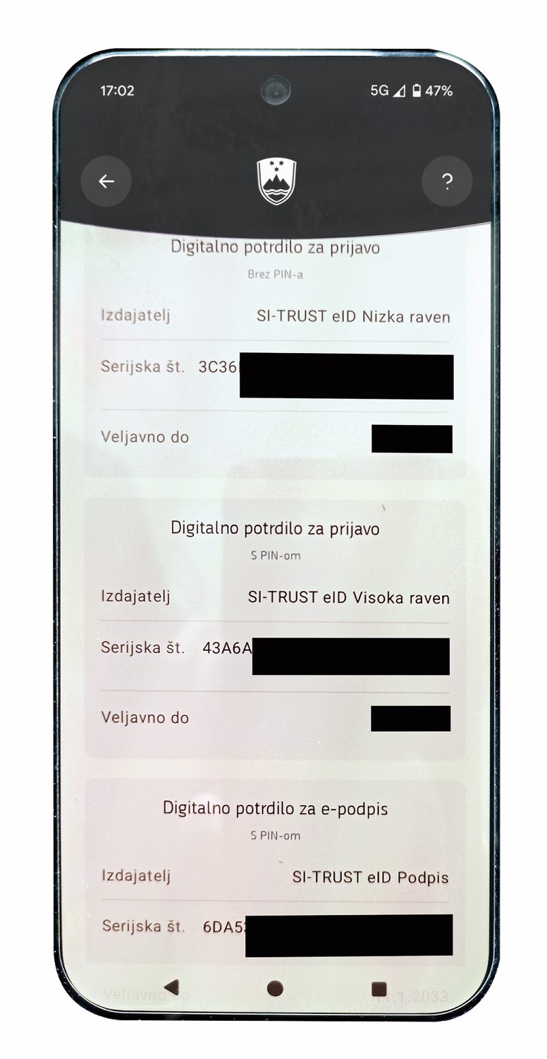 Na elektronski osebni izkaznici so zapisana tri digitalna potrdila.