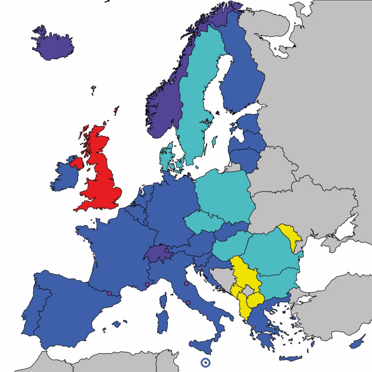 Enotno območje plačil v evrih obsega celotno evroobmočje (modro), druge zakonite uporabnike evra (svetlo vijoličasto), druge članice Evropskega gospodarskega prostora (temno vijoličasto), države kandidate za EU (rumeno) in Veliko Britanijo (rdeče).