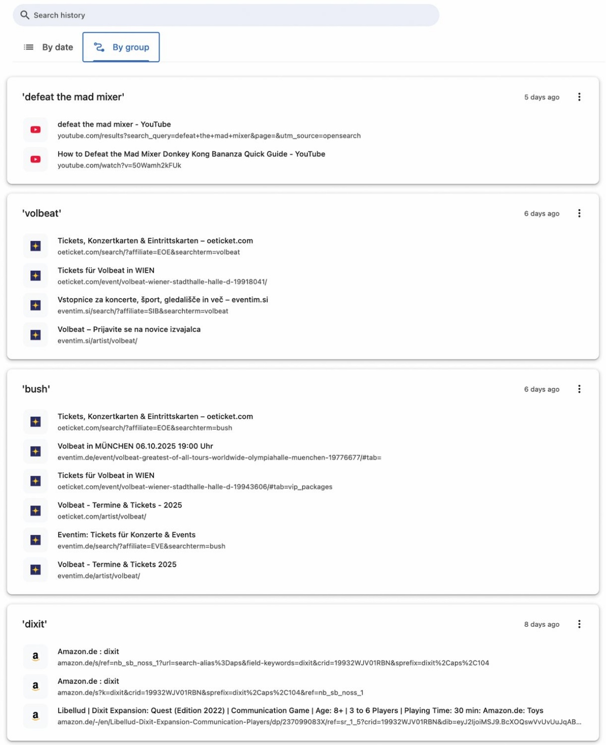 Zgodovino je mogoče pregledovati po skupinah, kar je posebej uporabno, ko želimo ponovno najti povezane strani iz določenega raziskovalnega niza.