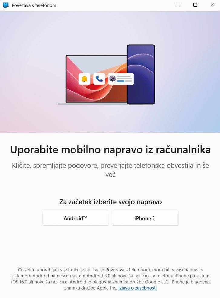 Povezava s telefonom omogoča, da na računalniku s povezanega telefona prejemamo obvestila, odgovarjamo na sporočila in opravljamo klice.
