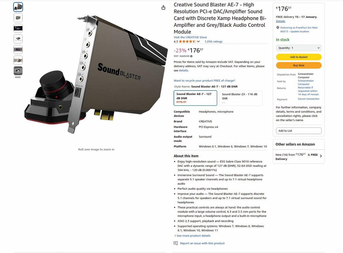 Vgradni Creative Sound Blaster AE-7 z upravljavskim modulom za vodilo PCIe x1.